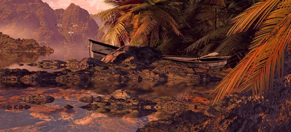 风化的划船和热带小岛 — 图库照片