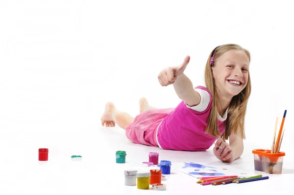 Happy Girl with brush on white background — Stock Photo, Image