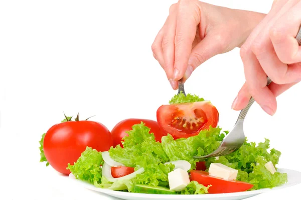 stock image Female hand with a fork in the salad