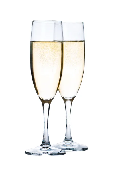 Beyaz arka plan üzerinde izole şampanya ile gözlük — Stok fotoğraf