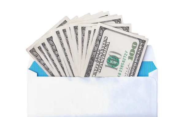 Nota de dólares no envelope isolada sobre fundo branco — Fotografia de Stock