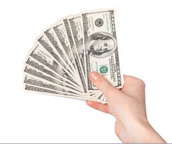 Χέρι, δίνοντας δολάρια τραπεζογραμμάτια απομονωμένη στο λευκό — Φωτογραφία Αρχείου