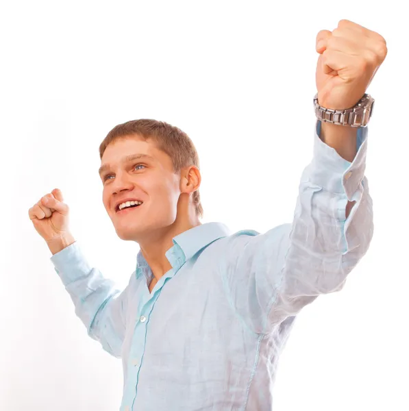 Portret van jonge man vieren van succes geïsoleerd op wit — Stockfoto