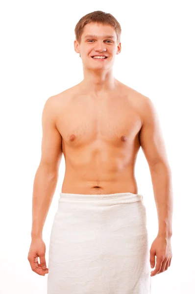 Ritratto di giovane uomo nudo felice isolato su bianco — Foto Stock