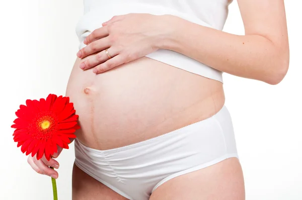 Nahaufnahme einer schwangeren Frau, die ihre Hände auf ihrem Bauch hält — Stockfoto