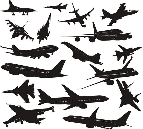 Uppsättning av silhuetter av flygplan — Stock vektor
