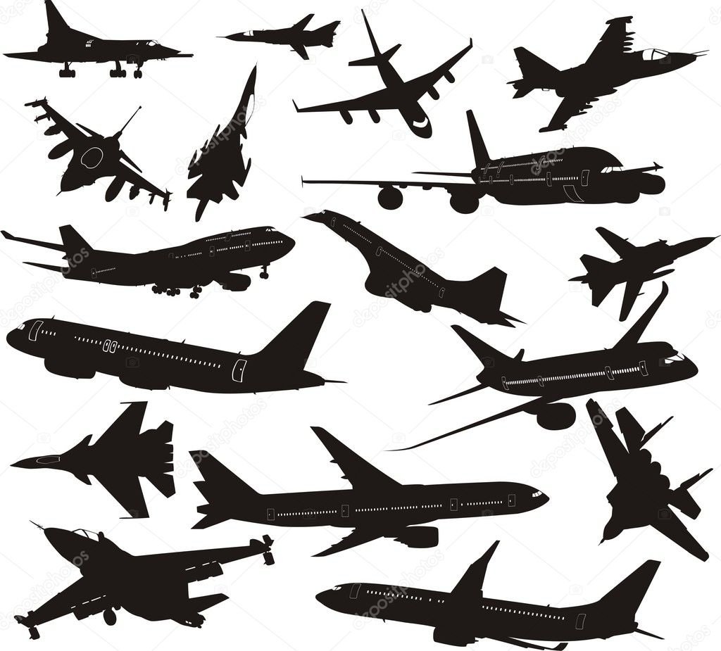 Set of silhouettes of aircraft