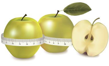 Three green apples measured the meter. Vector. clipart