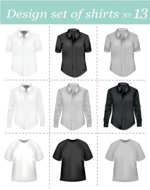 Black and white men polo shirts and t-shirts. Photo-realistic vector. clipart