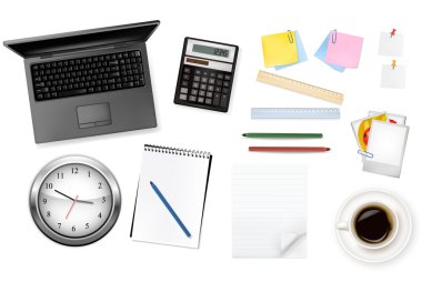 Clock, calculator and some office supplies. Vector. clipart