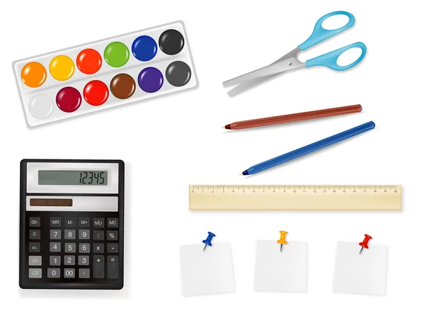 Calculadora e alguns materiais de escritório. Vetor . — Vetor de Stock