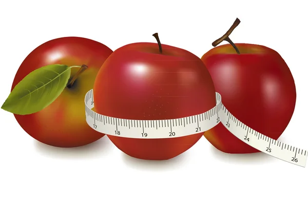 3 개의 빨간 사과 미터 측정. 벡터. — 스톡 벡터