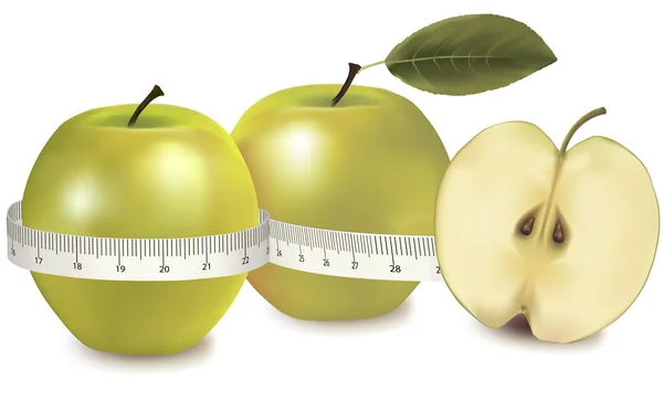 Three green apples measured the meter. Vector. — Stock Vector