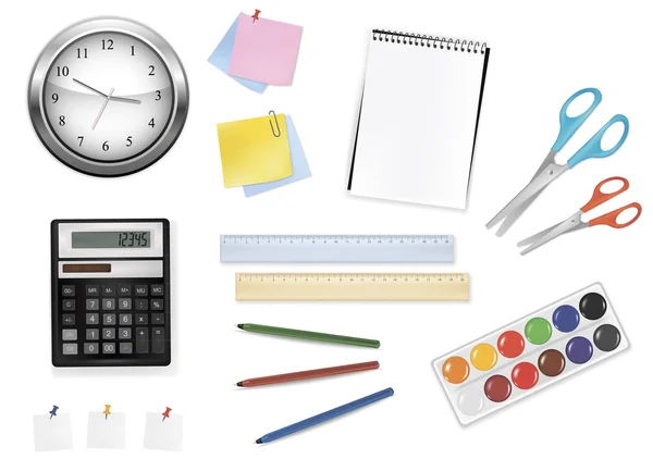 Um relógio, calculadora e alguns materiais de escritório. Vetor . — Vetor de Stock