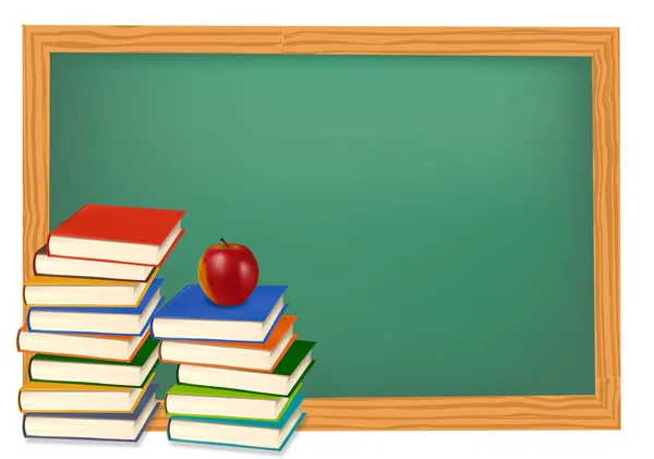 Je retourne à l'école. Livres scolaires avec des pommes sur le bureau. Vecteur . — Image vectorielle