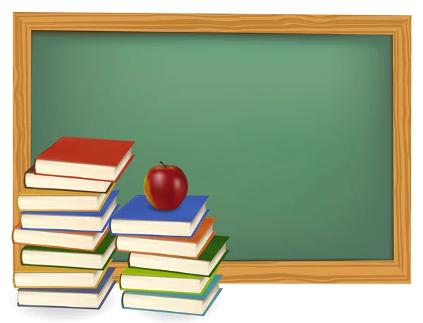 De vuelta a la escuela. Libros escolares con manzanas en el escritorio. Vector . — Archivo Imágenes Vectoriales