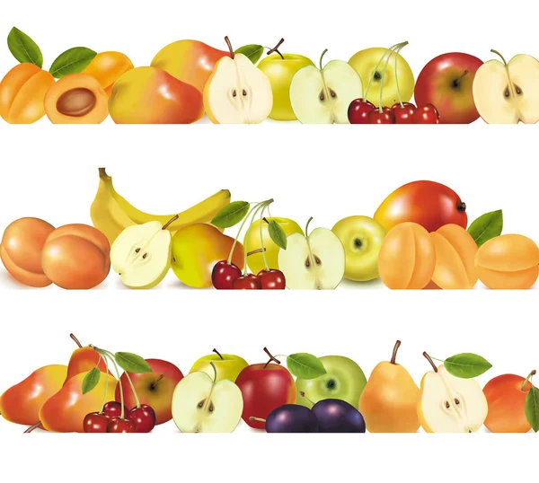 Três bordas de desenho de frutas isoladas em branco. Vetor . — Vetor de Stock