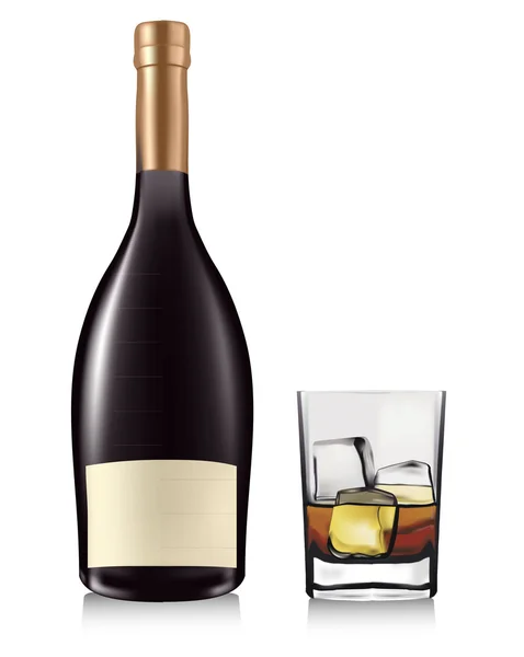 Bouteille avec cognac et verre avec glace isolée sur blanc. Vecteur . — Image vectorielle