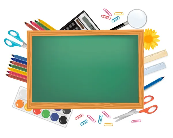 Greenboard avec fournitures scolaires. Vecteur . — Image vectorielle