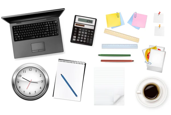 Horloge, calculatrice et quelques fournitures de bureau. Vecteur . — Image vectorielle