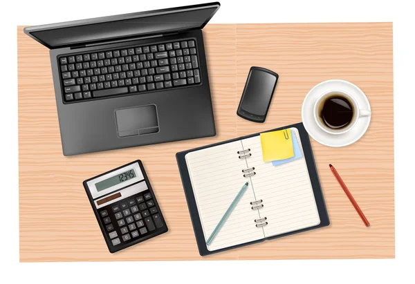 Laptop en office supplies op het bruin bord te leggen. vector — Stockvector