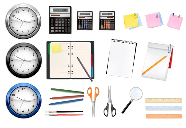 Un orologio, una calcolatrice e degli articoli per l'ufficio. Vettore . — Vettoriale Stock