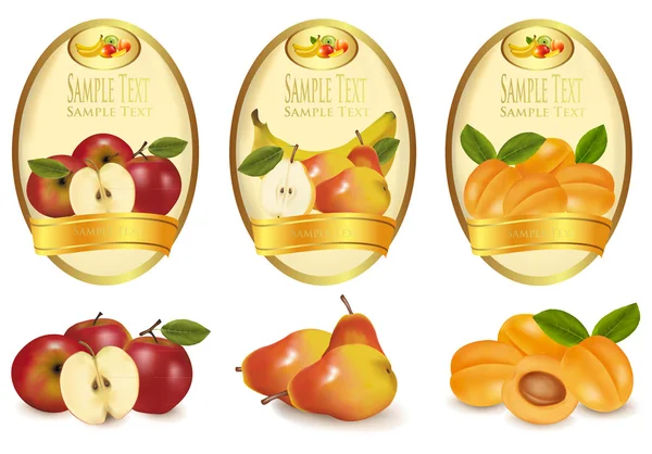 Tres etiquetas amarillas con diferentes tipos de fruta. Vector . — Vector de stock