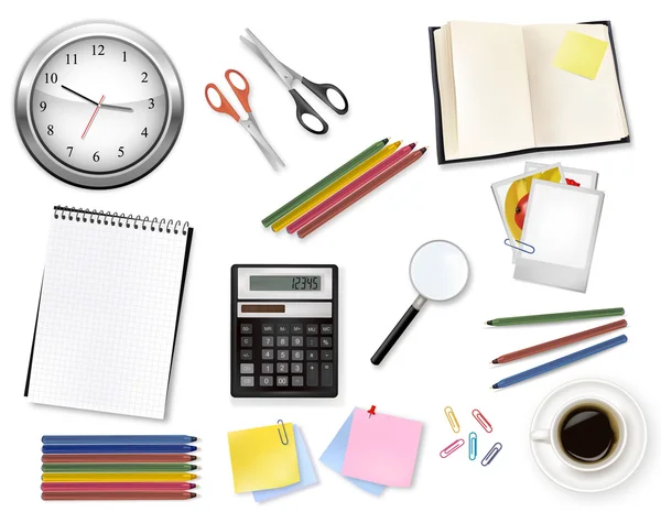 A clock, calculator and some office supplies. Vector. — Stock Vector