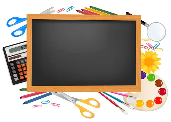 Blackboard with school supplies. Vector. — Stock Vector