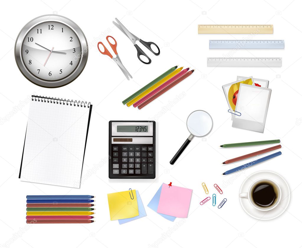 A clock, calculator and some office supplies. Vector.