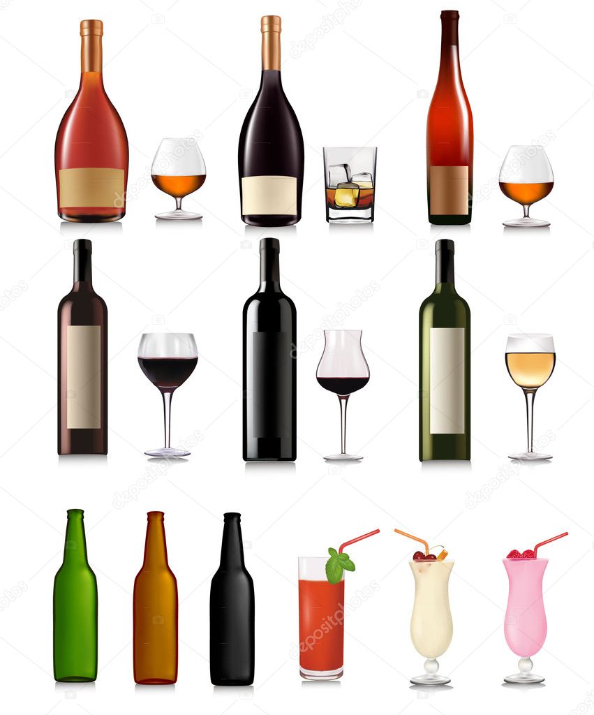 Set of different drinks and cocktails. Vector illustration.