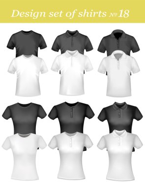 Black and white men and women polo shirts and t-shirts. Vector. clipart