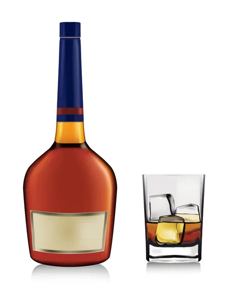 Bottiglia con brandy e bicchiere con ghiaccio isolato su bianco. Vettore . — Vettoriale Stock