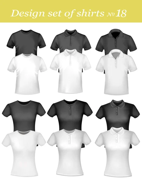 Zwarte en witte mannen en vrouwen polo shirts en t-shirts. vector. — Stockvector
