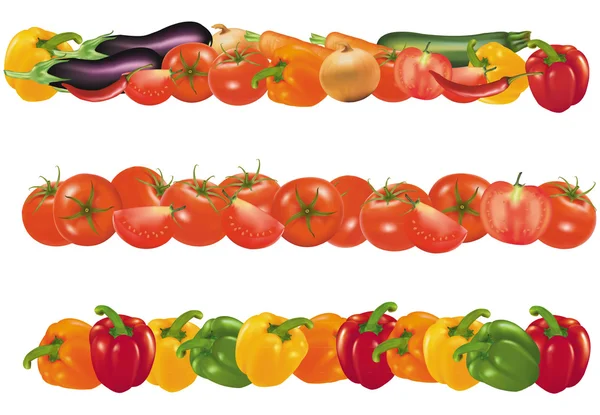 Las verduras diseñan bordes aislados en blanco. Foto-realista vector . — Vector de stock
