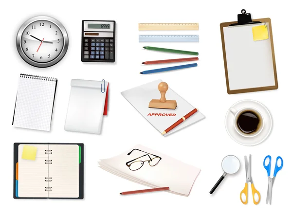Clock, calculator and some office supplies. Vector. — Stock Vector