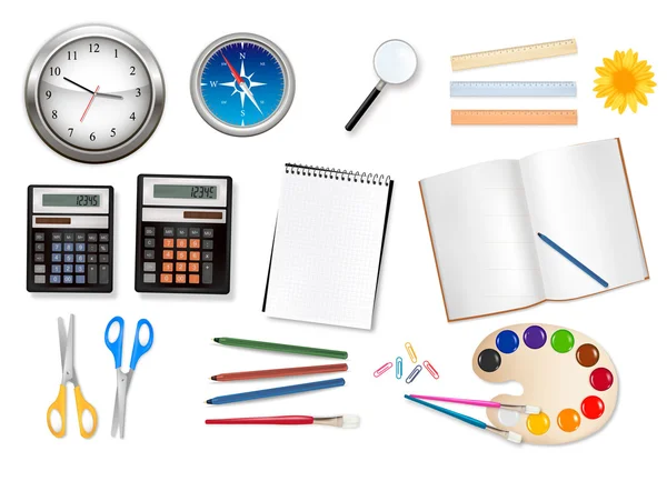 Reloj, calculadora y algunos suministros de oficina. Vector . — Archivo Imágenes Vectoriales