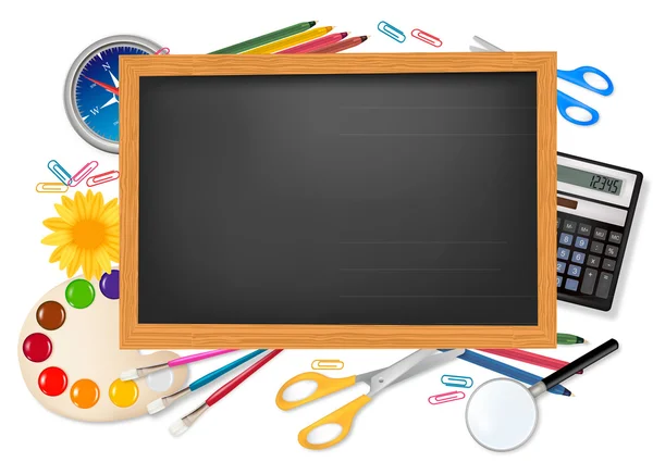 Tableau noir avec fournitures scolaires. Vecteur . — Image vectorielle