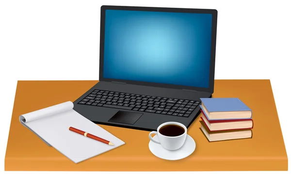 Laptop, telefoon en kantoorbenodigdheden, op tafel te leggen. vector. — Stockvector