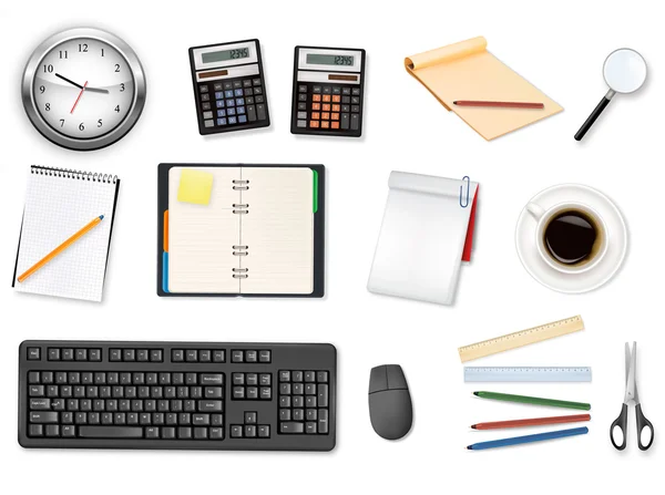Relógio, calculadoras e alguns materiais de escritório. Vetor . — Vetor de Stock