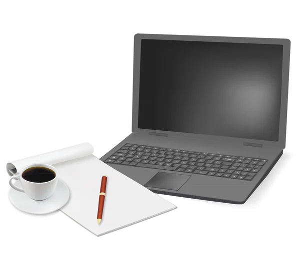 Laptop, telefoon en kantoorbenodigdheden, op tafel te leggen. vector. — Stockvector
