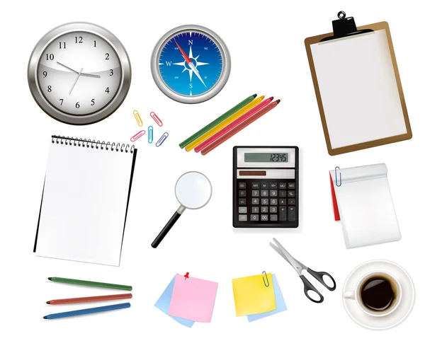 Horloge, calculatrice et quelques fournitures de bureau. Vecteur . — Image vectorielle