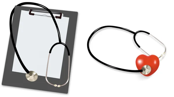Stetoscopio e blocco appunti vuoto con un foglio di carta bianca su di esso. Vettore . — Vettoriale Stock