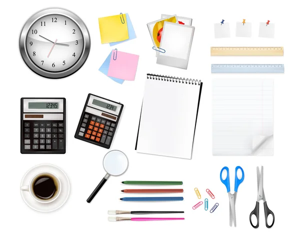Reloj, calculadoras y algunos suministros de oficina. Vector . — Vector de stock