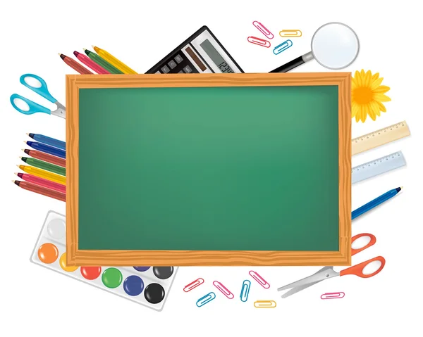 Greenboard avec fournitures scolaires. Vecteur . — Image vectorielle