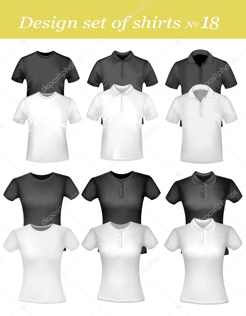 Black and white men and women polo shirts and t-shirts. Vector.