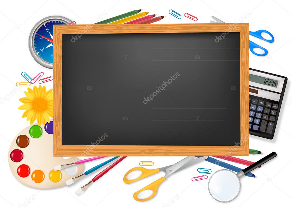 Blackboard with school supplies. Vector.