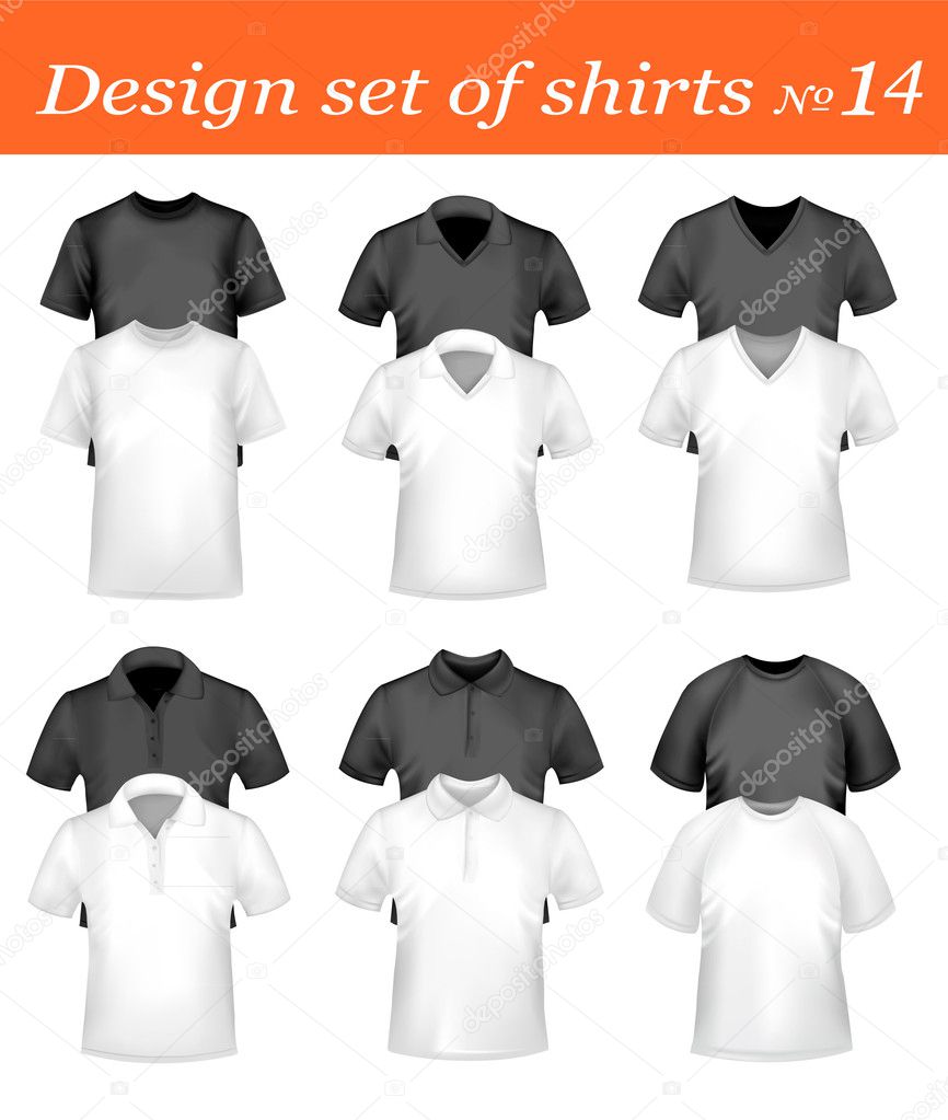 Black and white men polo shirts and t-shirts. Photo-realistic vector.