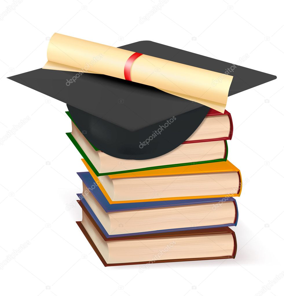Graduation cap and diploma laying on stack of books. Vector.