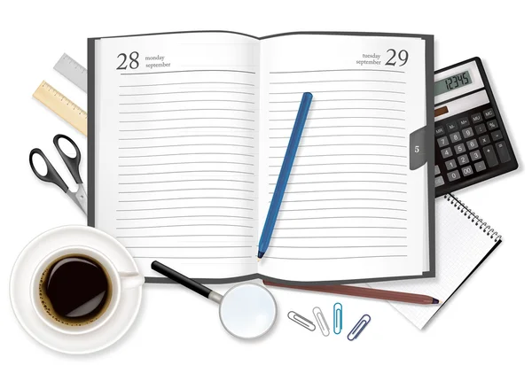 Libro de productos lácteos, taza de café y útiles de oficina. Vector . — Vector de stock